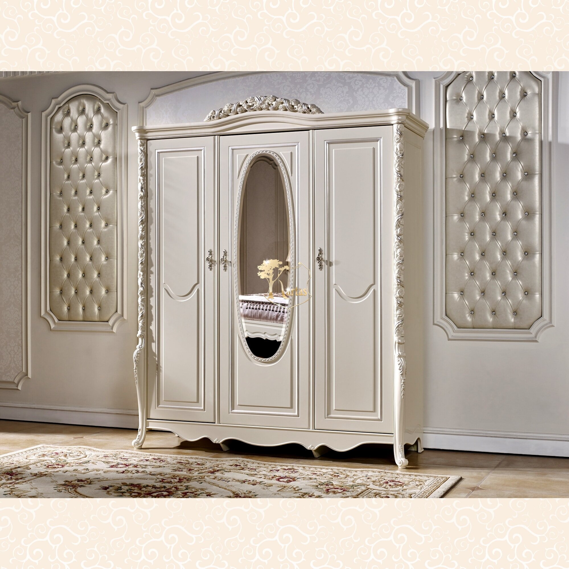 Шкаф 3-х дверный с зеркалом Виттория (Цвет: Белый + Жемчуг)  Белый + Жемчуг